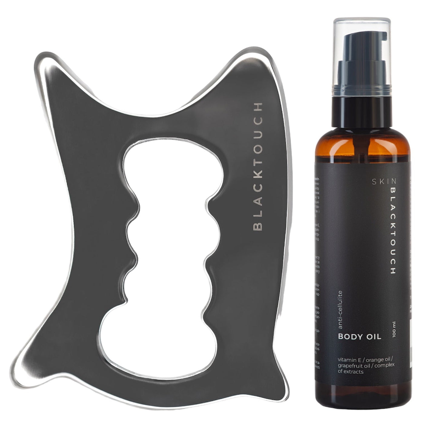 КОМПЛЕКТ "Steel Gua Sha & Anti - Cellulite Oil" - BLACKTOUCH