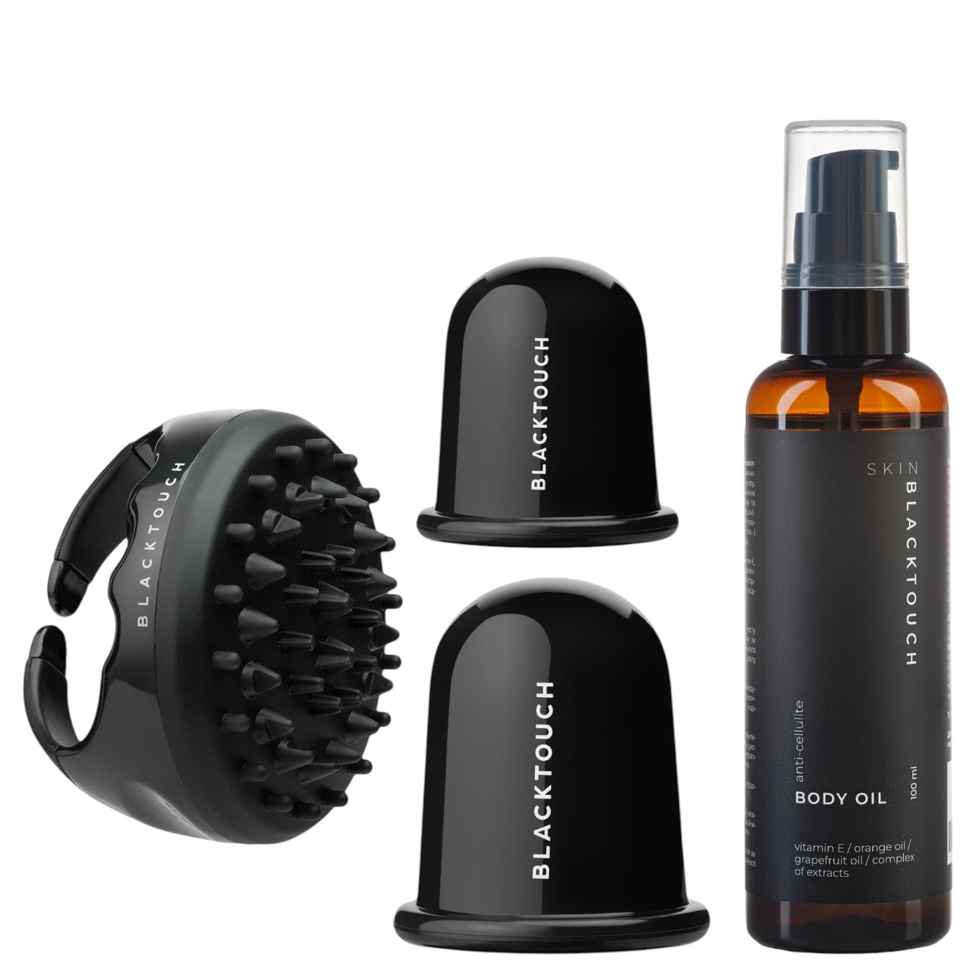 Комплект "Vacuum cups (2 pcs) + massager & anti-cellulite oil" - BLACKTOUCH