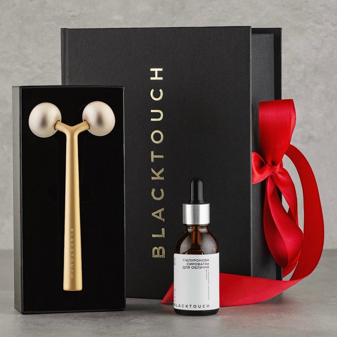 Подарунковий набір "Golden brass roller & Hyaluronic Serum Set" - BLACKTOUCH
