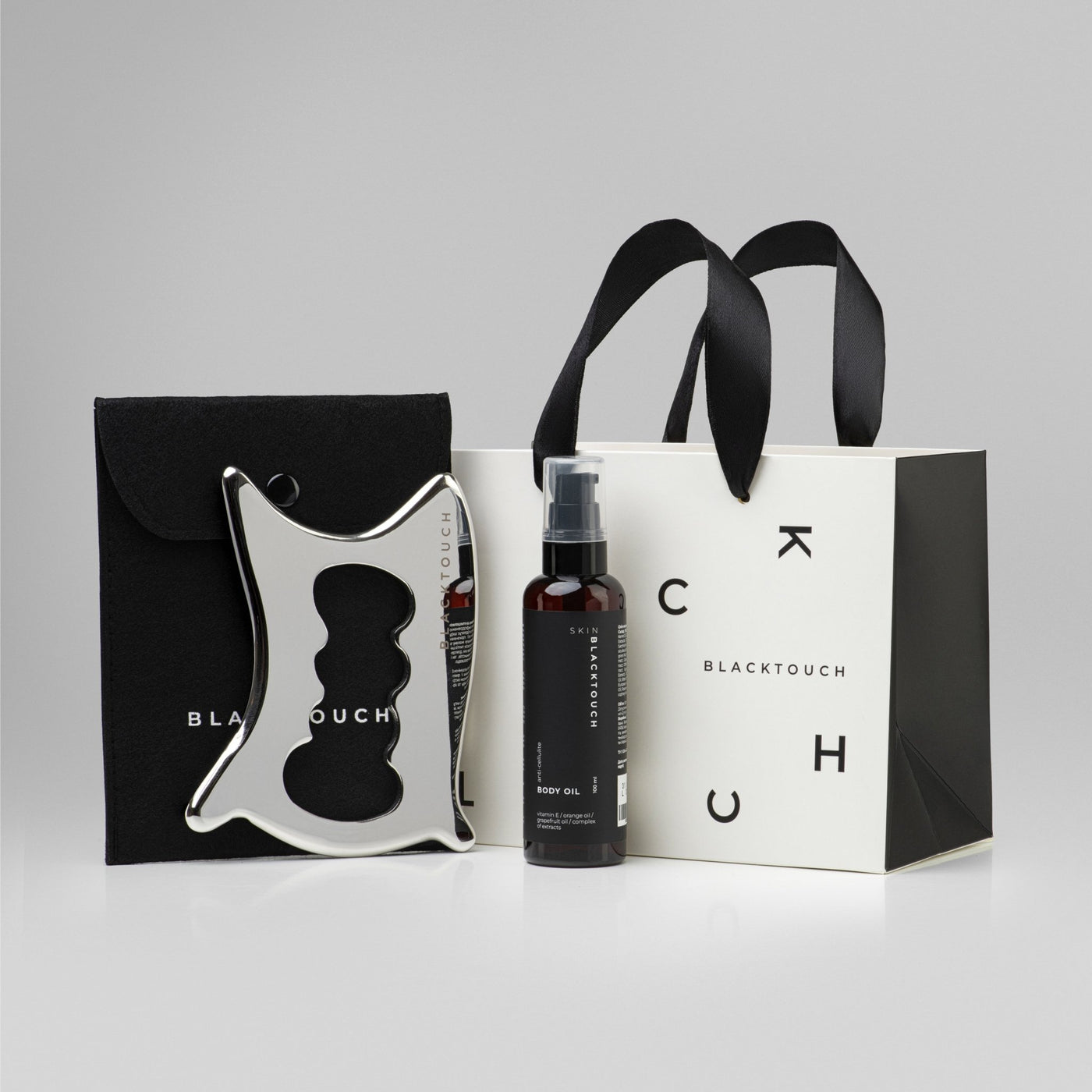 Подарунковий набір "Steel Gua Sha & Anti - Cellulite Oil" - BLACKTOUCH