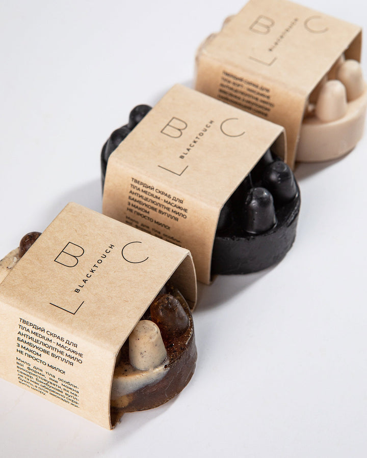 Твердий скраб для тіла medium - Масажне антицелюлітне мило - Бамбукове вугілля з маком - BLACKTOUCH